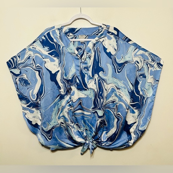 Chicos Marble Stone Paint Swirl Dolman Sleeve Front Tie Knot Tunic Blouse - Picture 9 of 10